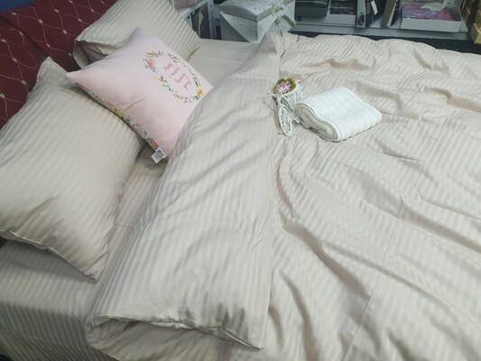 Комплект постільної білизни LIGHT BEIGE Страйп сатин смужка 1 см., 100 Бавовна, Комфорт-текстиль
