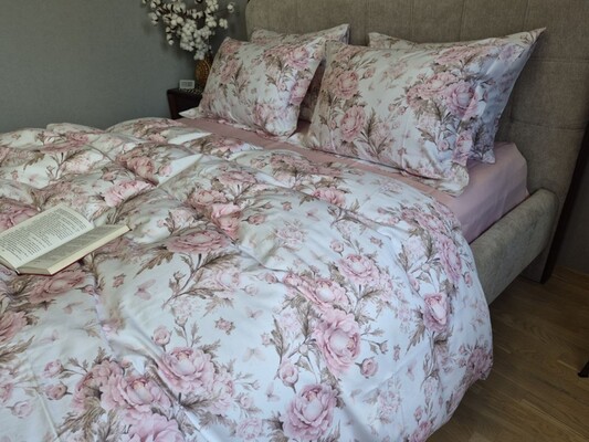 Комплект постільної білизни Сатин PREMIUM, DESIRE PINK, з рожевими півоніями