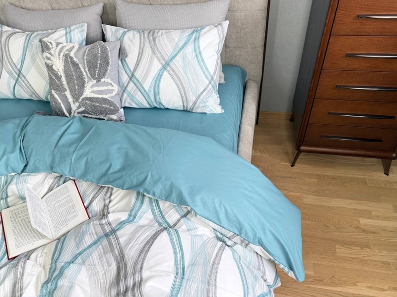 Комплект постельного белья Бриз Turkish Cotton, двусторонний, белый с бирюзовыми волнами - изображение 5