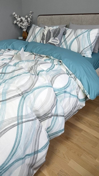 Комплект постельного белья Бриз Turkish Cotton, двусторонний, белый с бирюзовыми волнами - изображение 6