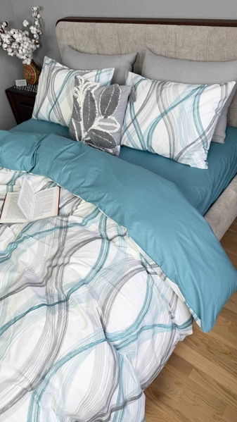 Комплект постельного белья Бриз Turkish Cotton, двусторонний, белый с бирюзовыми волнами - изображение 9