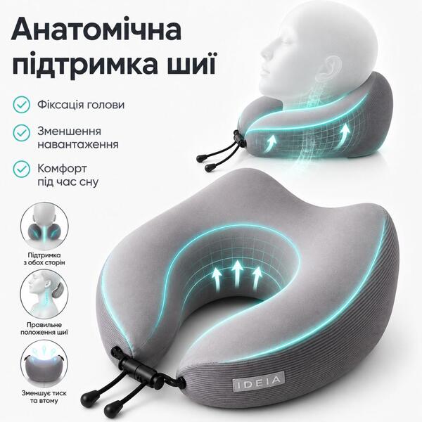 Дорожня подушка рогалик TRAVEL IDEIA, 27 x 26 x 17 см, з ефектом пам’яті та охолоджуючим трикотажем, сіра, ТМ IDEIA - зображення 13