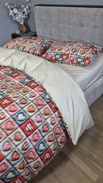 Комплект постільної білизни Кантрі Cotton 5D бежевий горошок із сердечками - зображення 14