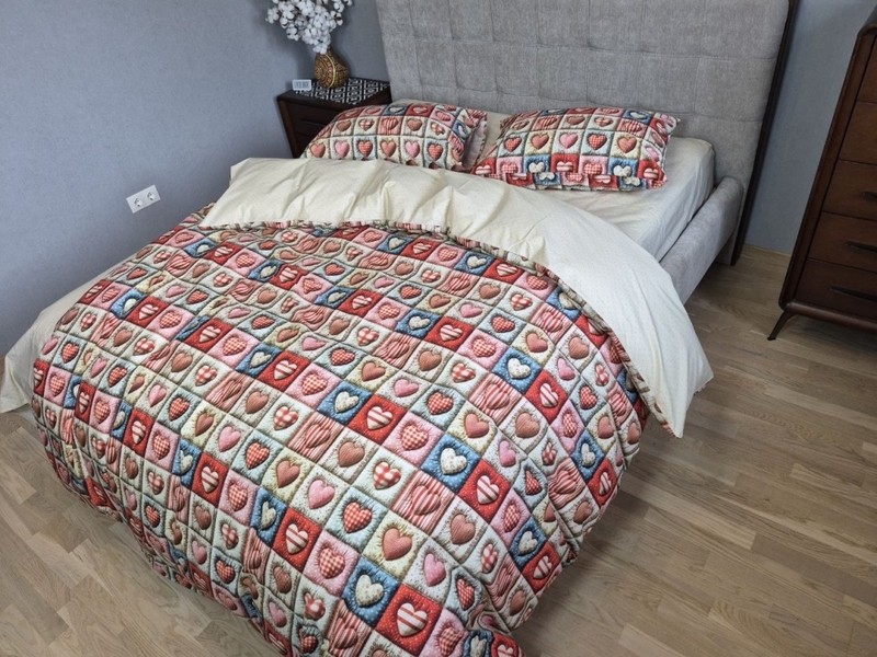 Комплект постільної білизни Кантрі Cotton 5D бежевий горошок із сердечками - зображення 7
