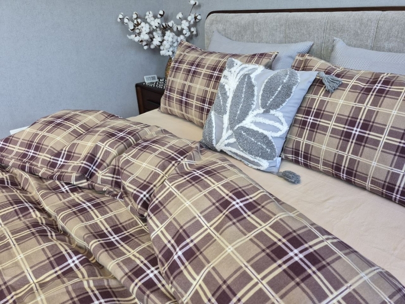 Комплект постільної білизни Наві/бежева пастель Turkish Flannel в клітинку - зображення 5