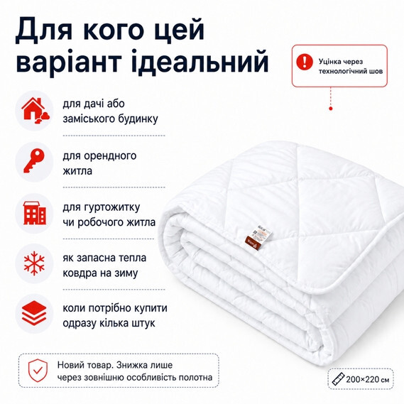 Ковдра зимова антиалергенна 200 x 220 см євро, мікрофібра, наповнювач 300 г/м2, стокова, уцінка, шов на полотні біла - зображення 6