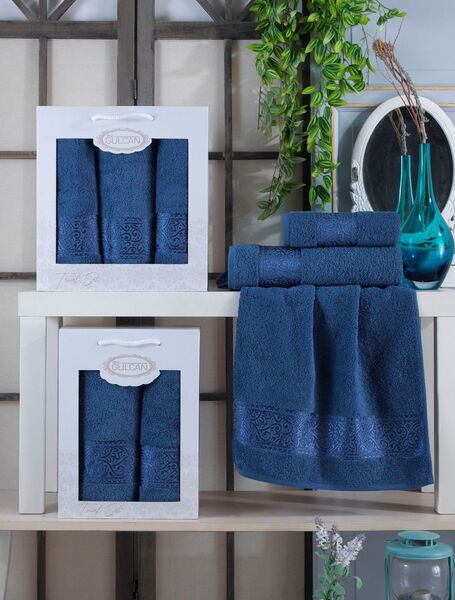 Набір з 3-х махрових рушників, 50 x 90 см x 2шт, 70 x 140 см, Cotton Ornament blue, ТМ Gulcan - зображення 2