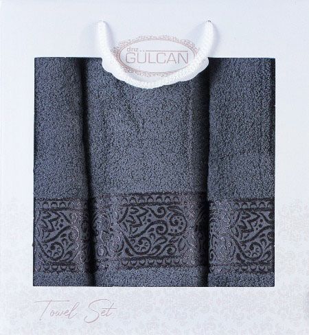 Набор из 3-х махровых полотенец Gulcan Cotton Ornament dark-grey - изображение 1