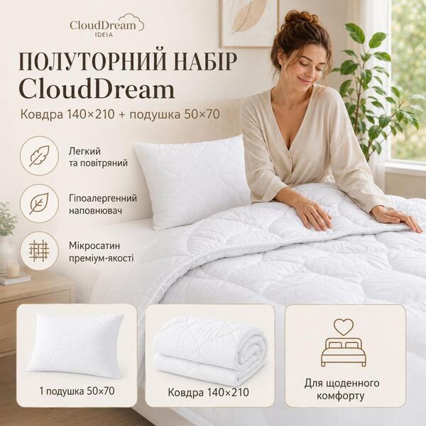 Набір CloudDream полуторна ковдра 140 x 210 см і подушка 50 x 70 см, штучний пух, білий, ТМ IDEIA - зображення 7