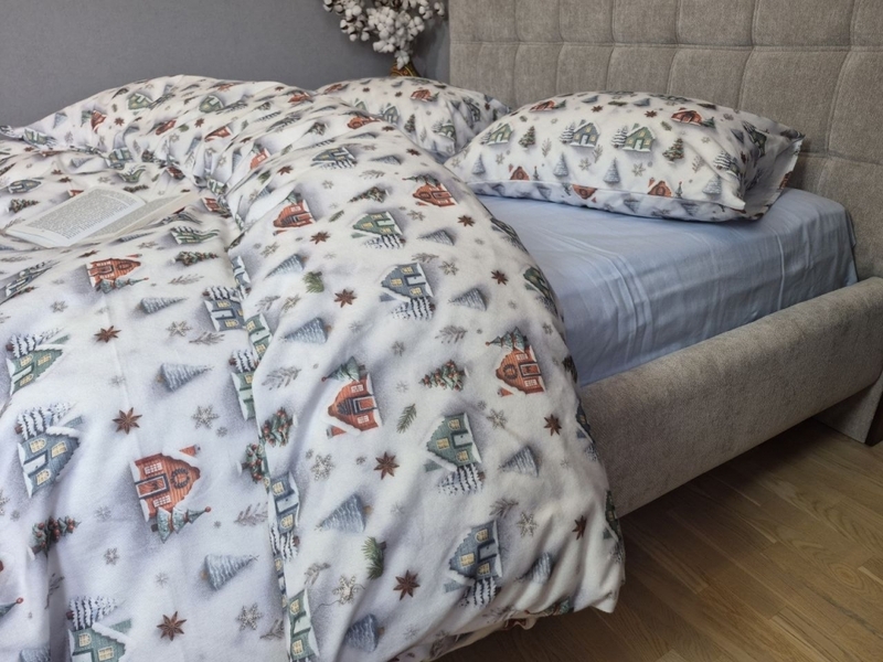 Комплект постільної білизни Новорічна Нічблакитний Turkish Flannel 5D білий з будиночками - зображення 10