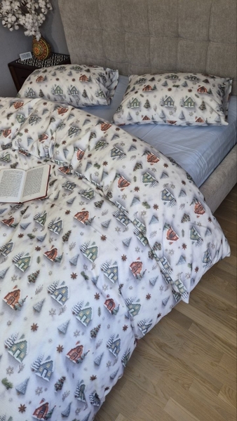 Комплект постільної білизни Новорічна Нічблакитний Turkish Flannel 5D білий з будиночками - зображення 11