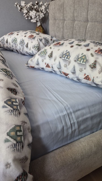 Комплект постільної білизни Новорічна Нічблакитний Turkish Flannel 5D білий з будиночками - зображення 4