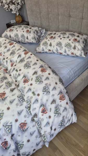 Комплект постільної білизни Новорічна Нічблакитний Turkish Flannel 5D білий з будиночками - зображення 5
