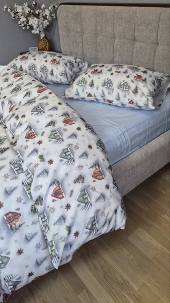Комплект постільної білизни Новорічна Нічблакитний Turkish Flannel 5D білий з будиночками - зображення 8