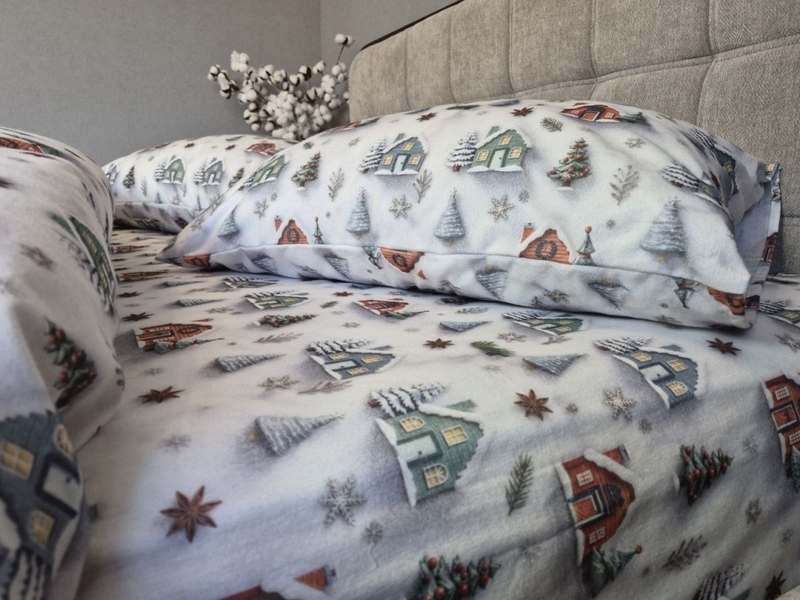 Комплект постільної білизни Новорічна Ніч Turkish Flannel 5D білий з будиночками - зображення 8