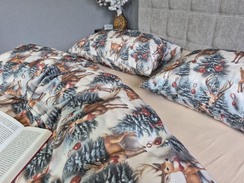 Комплект постільної білизни Олені NEWбежевий Turkish Flannel 5D зимовий принт - зображення 11