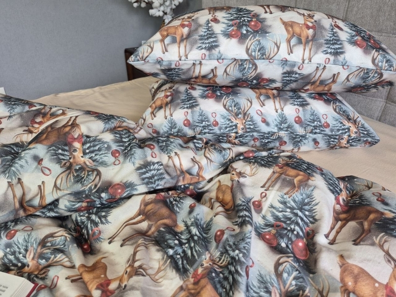 Комплект постільної білизни Олені NEWбежевий Turkish Flannel 5D зимовий принт - зображення 12