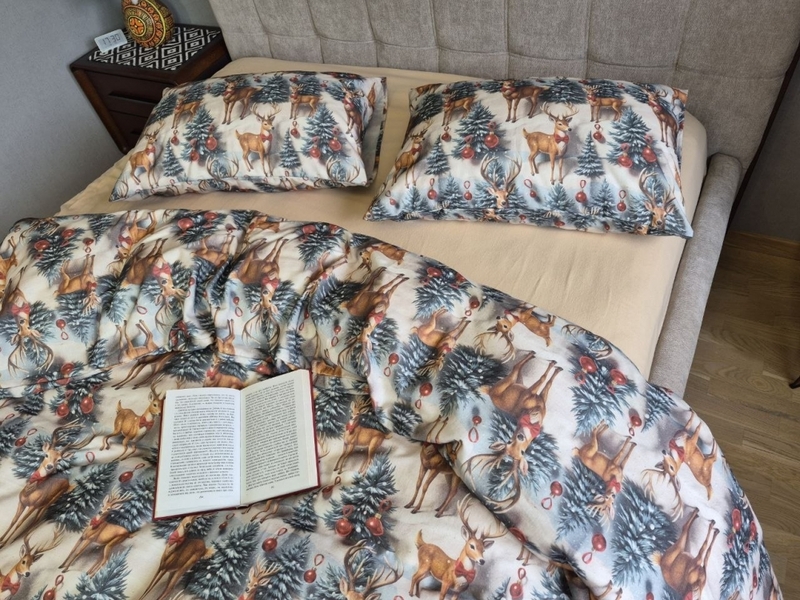Комплект постільної білизни Олені NEWбежевий Turkish Flannel 5D зимовий принт - зображення 3