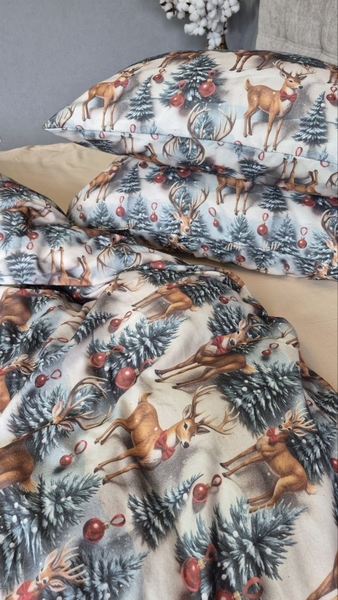 Комплект постільної білизни Олені NEWбежевий Turkish Flannel 5D зимовий принт - зображення 5