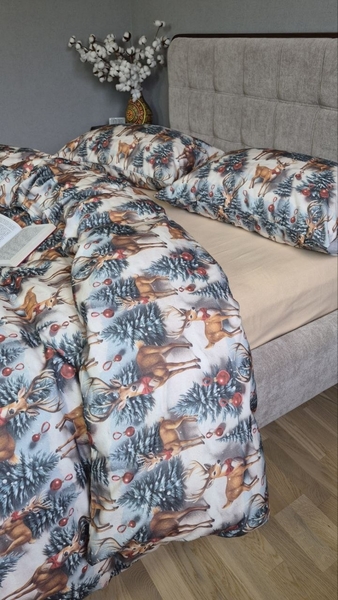 Комплект постільної білизни Олені NEWбежевий Turkish Flannel 5D зимовий принт - зображення 7