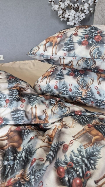 Комплект постільної білизни Олені NEWбежевий Turkish Flannel 5D зимовий принт - зображення 8