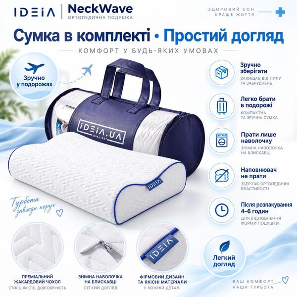 Подушка ортопедична NeckWave 60 x 40 x 11/9 см, анатомічна з ефектом пам’яті, ТМ IDEIA - зображення 18